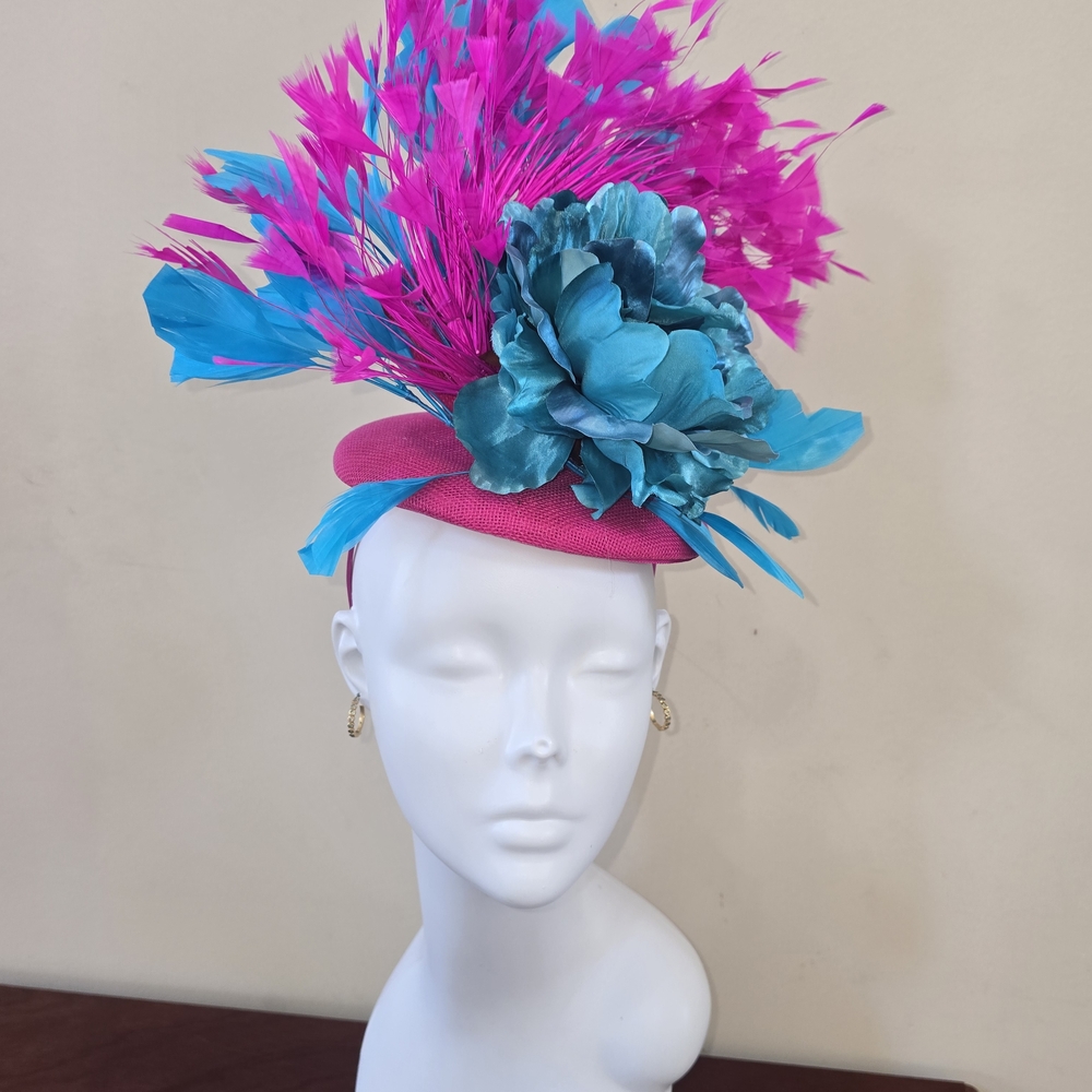 Fuchsia and Teal Feathered Derby Hat